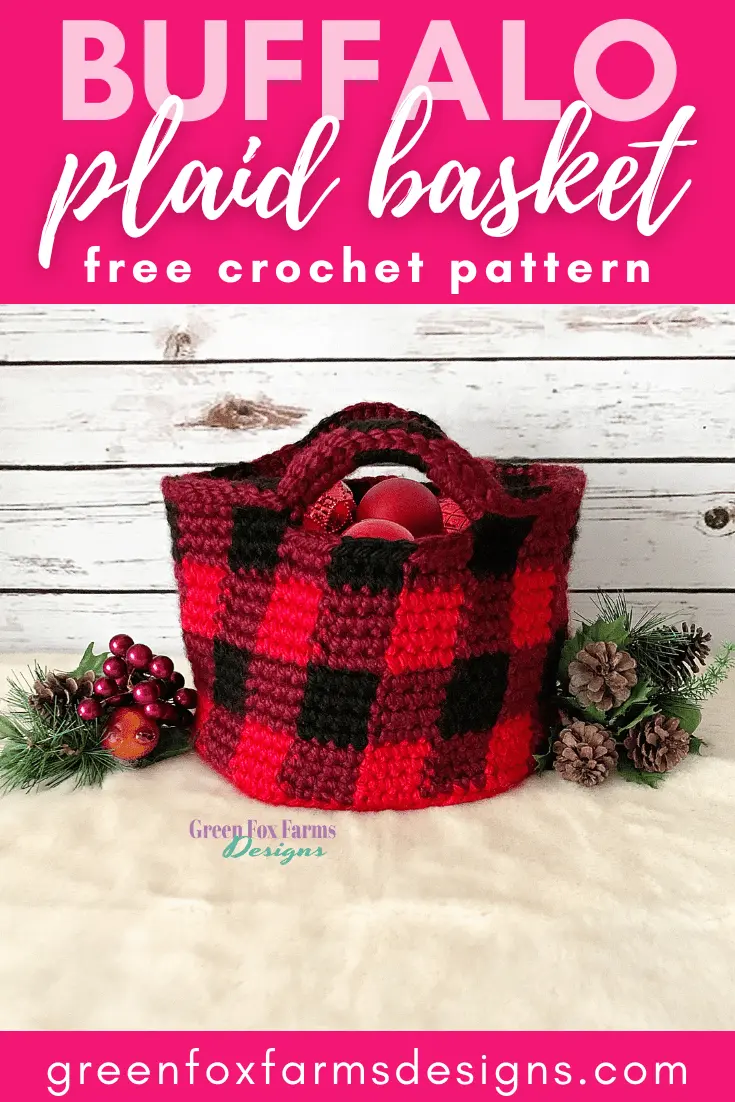 Free Buffalo Plaid Basket Crochet Pattern by Green Fox Farms Designs PIN 12 Red and Black Crochet Plaid Basket on a wooden table with Christmas decor either side