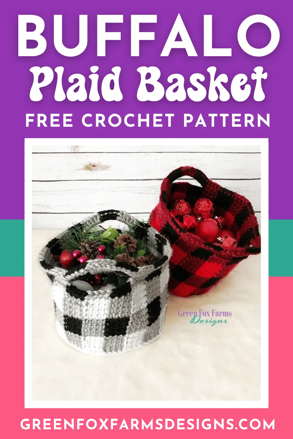 Free Buffalo Plaid Basket Crochet Pattern by Green Fox Farms Designs PIN 2 Gorgeous Red and Black Buffalo Plaid Basket Crochet Pattern. Black and White Buffalo Plaid Basket brings Farmhouse Chic to your holiday home decor. Crochet Pattern by greenfoxfarmsdesigns.com