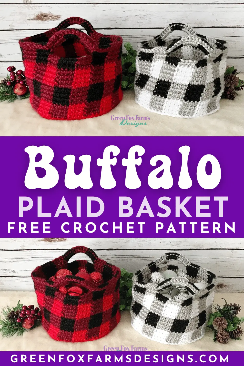 Free Buffalo Plaid Basket Crochet Pattern by Green Fox Farms Designs PIN 3 Gorgeous Red and Black Buffalo Plaid Basket Crochet Pattern. Black and White Buffalo Plaid Basket brings Farmhouse Chic to your holiday home decor. Crochet Pattern by greenfoxfarmsdesigns.com