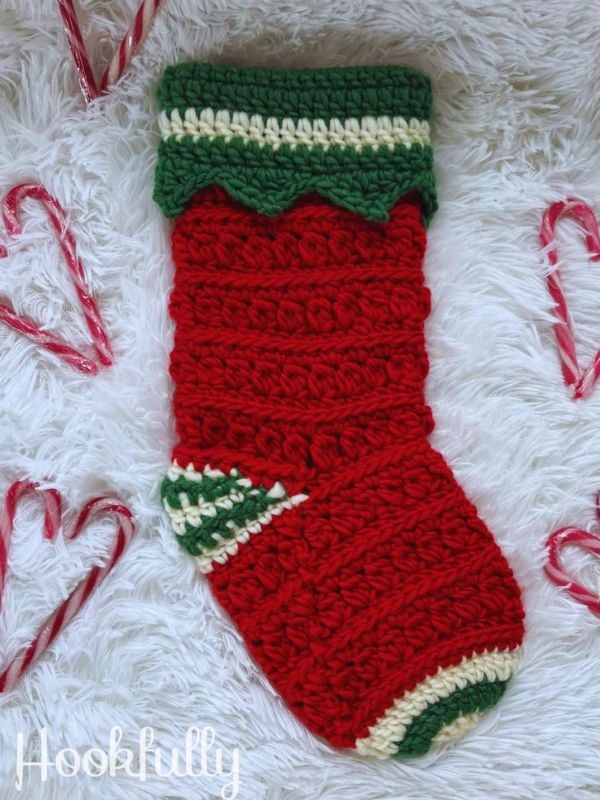 crochet Free Jingle No Sew Christmas Stocking Pattern by Hookfully