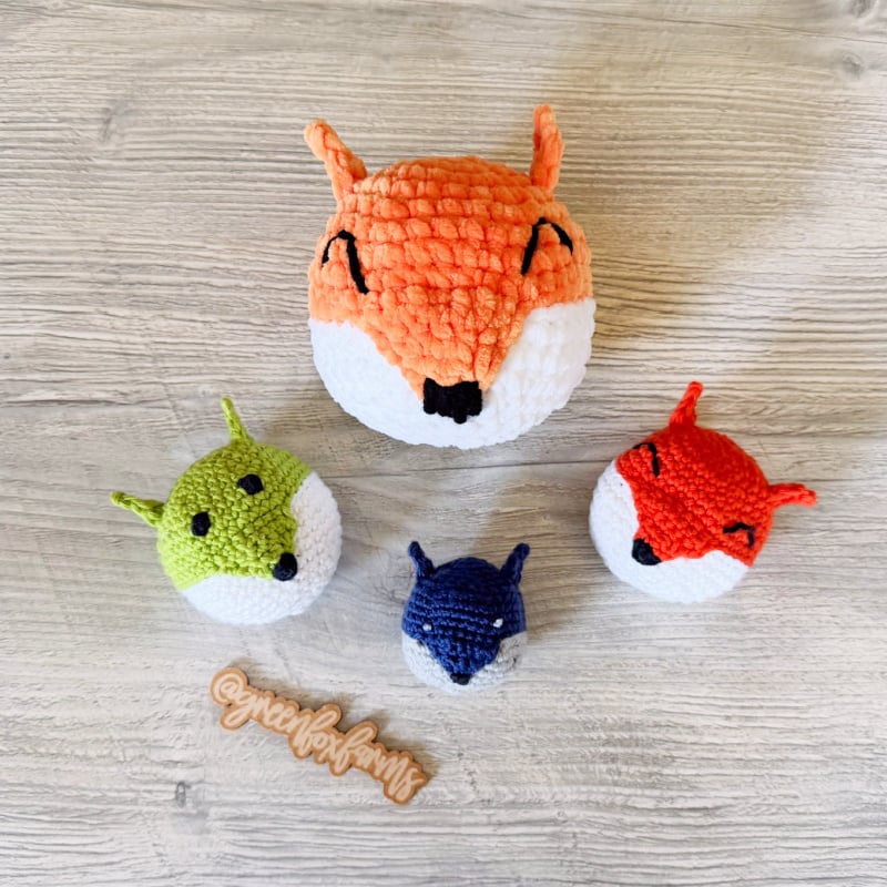 Freya the Fox Footbag Free Crochet Hacky Sack Pattern by Green Fox Farms Designs web Free Christmas Bauble Crochet Pattern - group of six in different colors