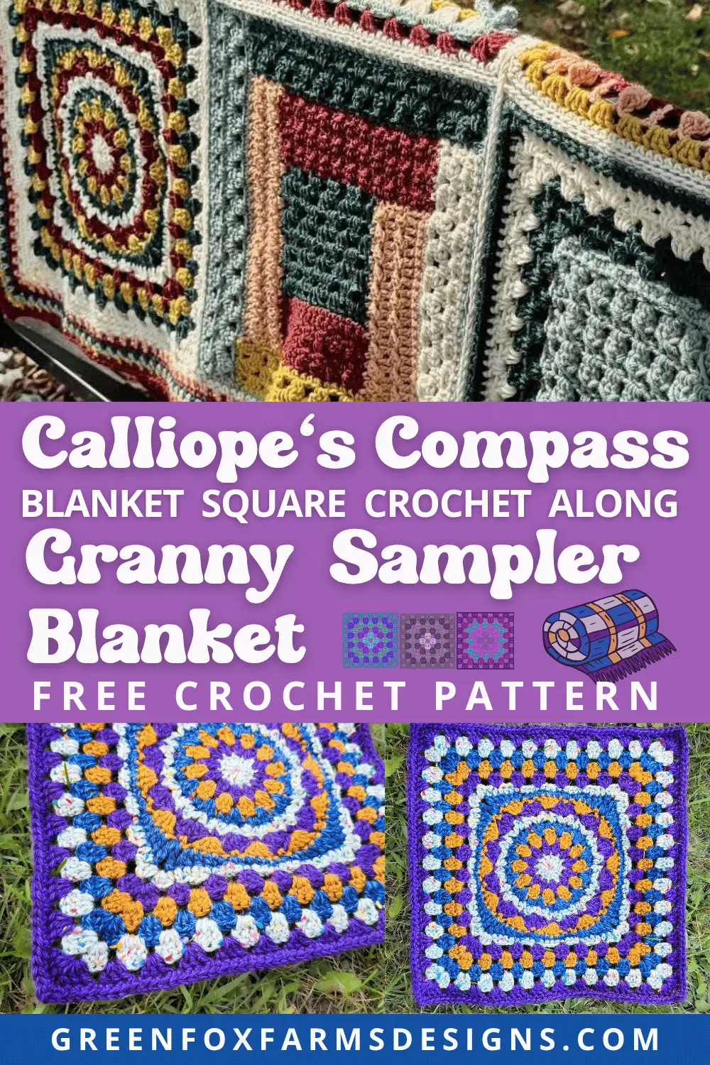 Calliopes Compass 12 inch Granny Square Free Blanket CAL GFFD PIN 5 Sweet Stripes Friendship Square Crochet Pattern image with colorful crocheted afghan squares in purple, blue, coral, and mint green by www.greenfoxfarmsdesigns.com
