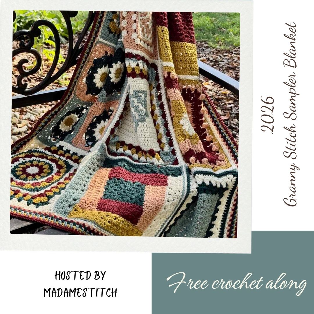 Free CAL Friendship Blanket hanging from ladder in shades of purple, red, white, and pink by www.suflowercottagecrochet.com