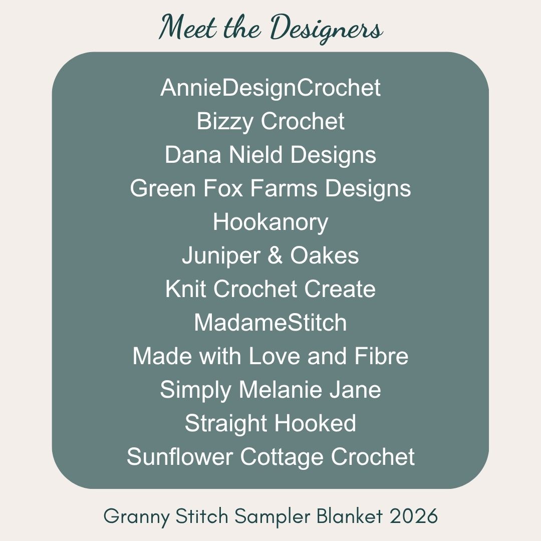 Meet the designers Meet the Designers graphic for the 2025 Granny Stitch Sampler Blanket by Madame Stitch!