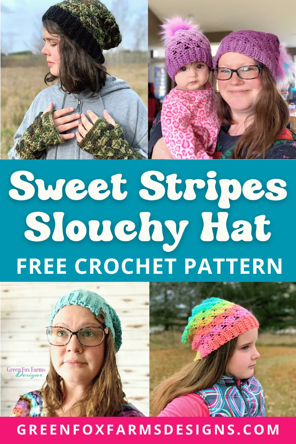 Sweet Stripes Free Crochet Beanie Pattern - Green Fox Farms Designs - PIN 1 Sweet Stripes Friendship Square Crochet Pattern image with colorful crocheted afghan squares in purple, blue, coral, and mint green by www.greenfoxfarmsdesigns.com