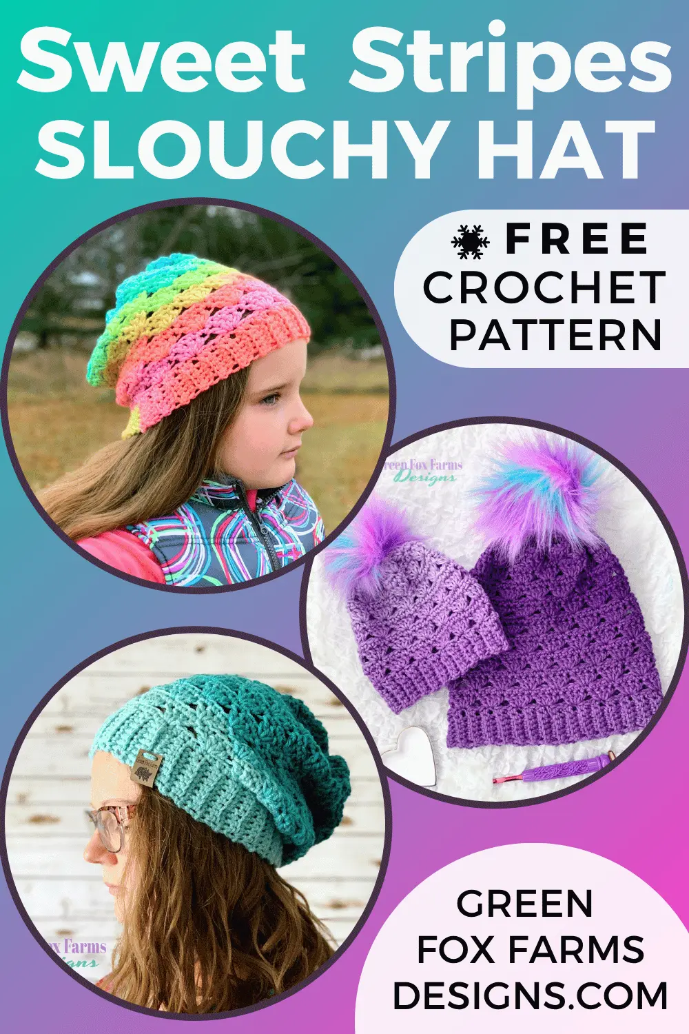 Sweet Stripes Free Crochet Beanie Pattern - by Green Fox Farms Designs © 2024 - PIN 6 Sweet Stripes Friendship Square Crochet Pattern image with colorful crocheted afghan squares in purple, blue, coral, and mint green by www.greenfoxfarmsdesigns.com
