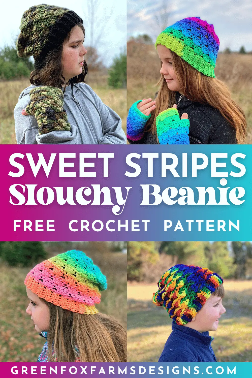 Sweet Stripes Free Crochet Beanie Pattern - by Green Fox Farms Designs © 2024 - PIN 7 Sweet Stripes Friendship Square Crochet Pattern image with colorful crocheted afghan squares in purple, blue, coral, and mint green by www.greenfoxfarmsdesigns.com