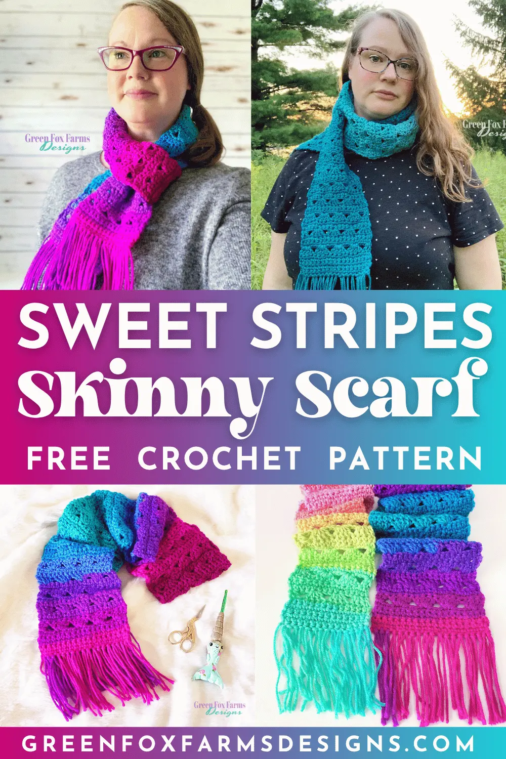 Sweet Stripes Free Crochet Fringe Scarf Pattern - by Green Fox Farms Designs © 2024 - PIN 7 crochet Sweet Stripes Free Crochet Fringe Scarf Pattern by Green Fox Farms Designs © 2024 PIN 7