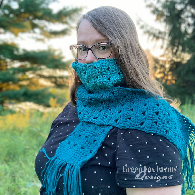 Sweet Stripes Free Crochet Fringe Scarf Pattern © 2018 Green Fox Farms Designs web Mommy and me matching slouchy Sweet Stripes beanie shown in baby and adult sizes. crocheted in purple yarn