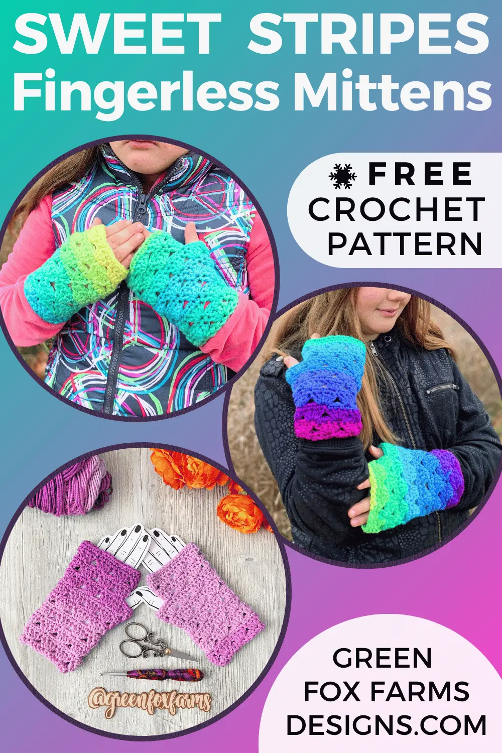 crochet Sweet Stripes Free Easy Crochet Fingerless Gloves Pattern by Green Fox Farms Designs © 2024 PIN 6