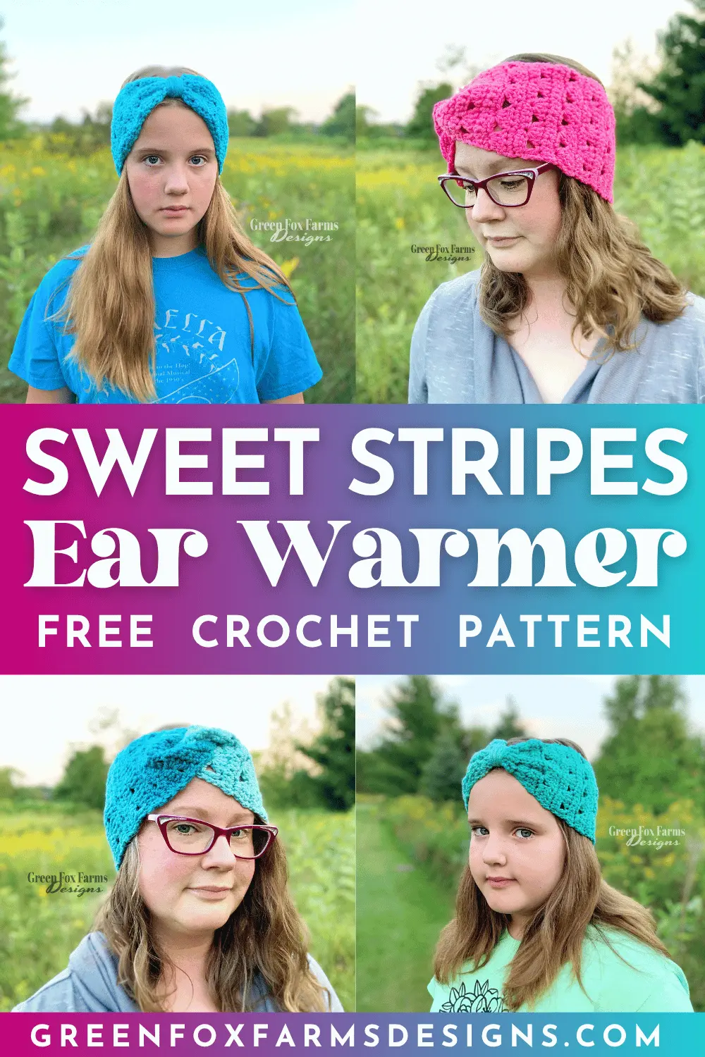 Sweet Stripes Crochet Ear Warmer Free Pattern - by Green Fox Farms Designs © 2024 - PIN 7 crochet sweet stripes crochet ear warmer free pattern gffd pin 7