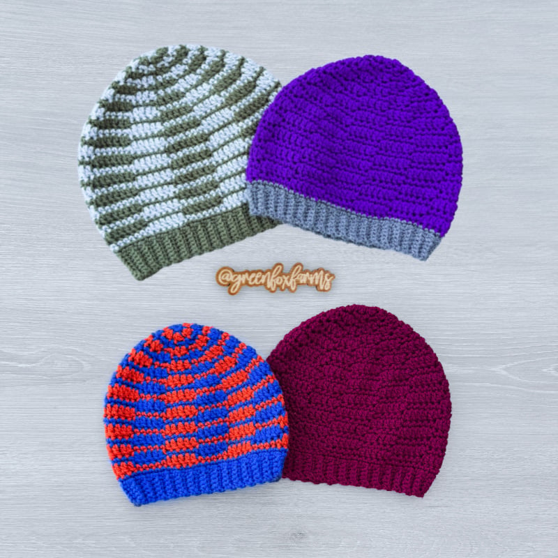 Free Waypoint Beanie Crochet Chemo Hat Pattern blog web Mommy and me matching slouchy Sweet Stripes beanie shown in baby and adult sizes. crocheted in purple yarn